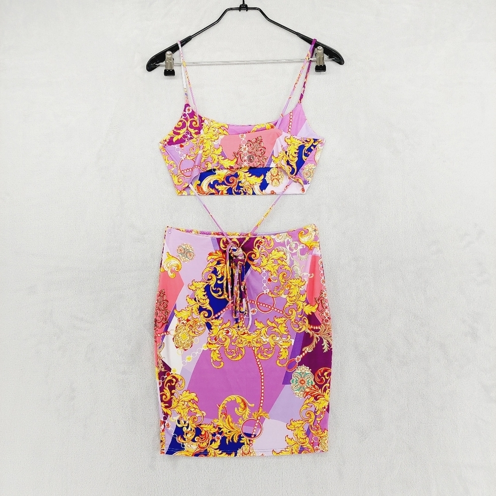 Purple Baroque Print Two-Piece Skirt Set - Picture 5 of 12